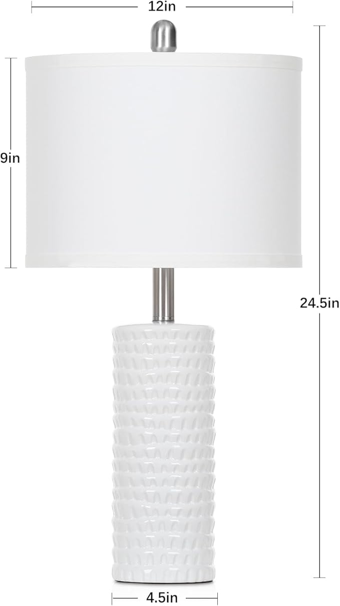 24.5" Modern Ceramic Table Lamps for Living Room ,Farmhouse Nightstand Lamps Set of 2 with White Linen Shade Office Reading Lamp ,Bedroom Lamps for Bedside End Table, Bedroom, Living Room, White