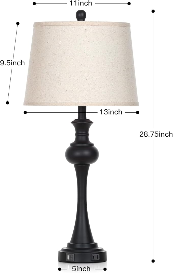 28.75" 3-Way Touch Control Modern Table Lamp Set of 2 for Living Room, Bedside Lamp with USB A+C Ports, Mid Century Black Table Lamps, Nightstand Lamps Set,Beige Fabric Shade Vintage Accent Style