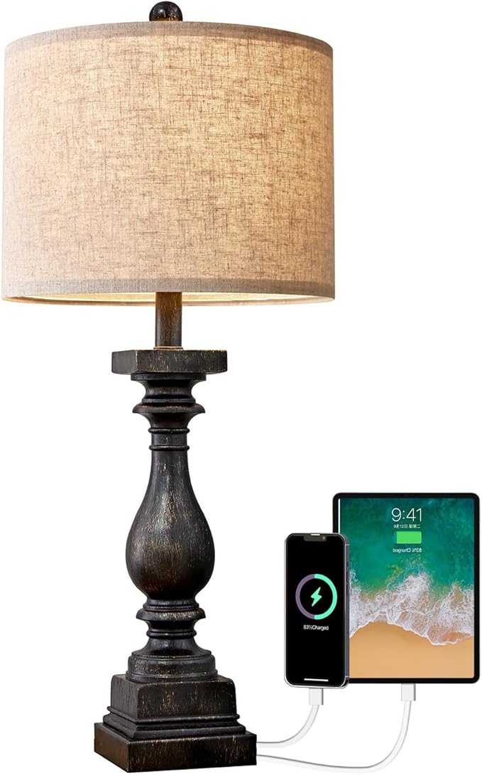 BOBOMOMO Retro 27" USB Charging Ports A/C Farmhouse Single Lamps for Bedrooms Retro Side Table Lamps Bedside Lamp for Side Nightstand Living Room 1 Pack