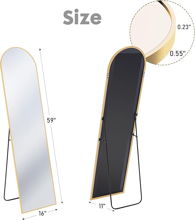 DUMOS Arched Full Length Mirror with Stand Floor Standing Aluminum Frame for Bedroom Body Hanging Leaning Modern Simple Home Decor Shatter-Proorf Nano Glass Wall Living Room Cloakroom Gold 59.1"x15.8"