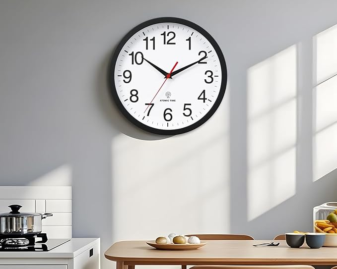 Atomic Wall Clock, Modern 10 Inch Battery Operated Wall Clocks, Analog Clock for Living Room, Office, Home, Bedroom, Kitchen, Bathroom(Black)