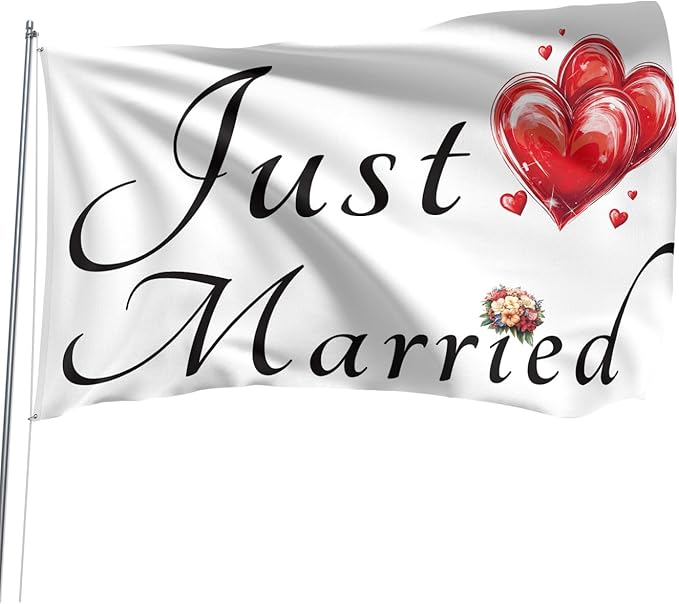 Just Married Flag Banner Outdoor Indoor Decoration Flag 3x5 FT Double Stitched Polyester with Brass Grommets (White)