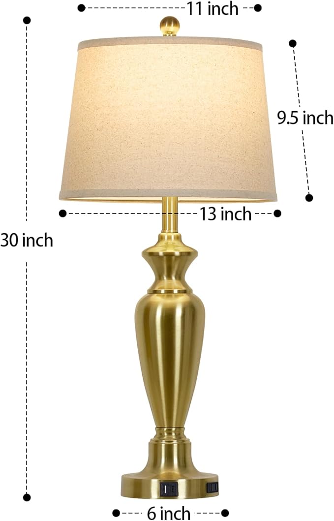 30" Tall Gold Table Lamp for Living Room, 3-Way Dimmable Touch Control Bedside Lamp for Bedroom Nightstand with USB A+C Ports & AC Outlet (1 Pack)