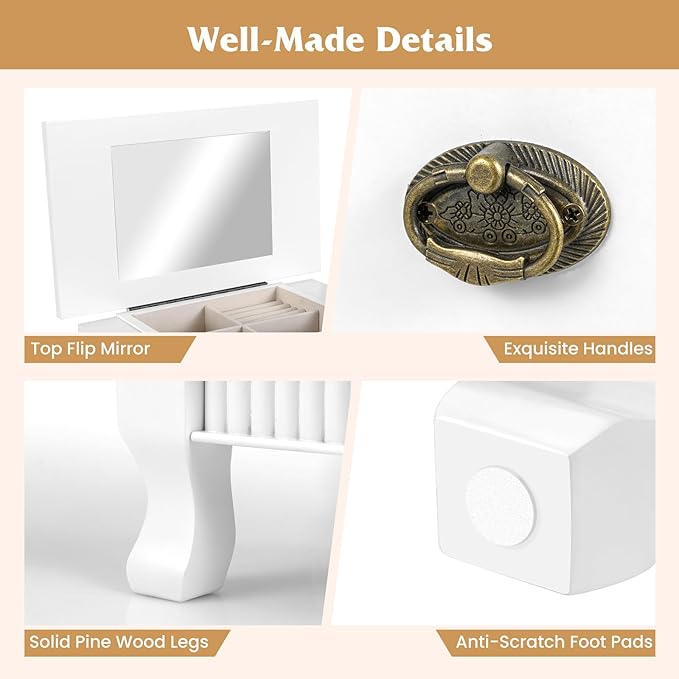 Giantex Standing Jewelry Cabinet with 7 Drawers, Flip-Top Mirror, 2 Side Doors with 12 Necklace Hooks, Divided Ring Compartments, Velvet-Lined Jewelry Armoire Organizer Chest (White)