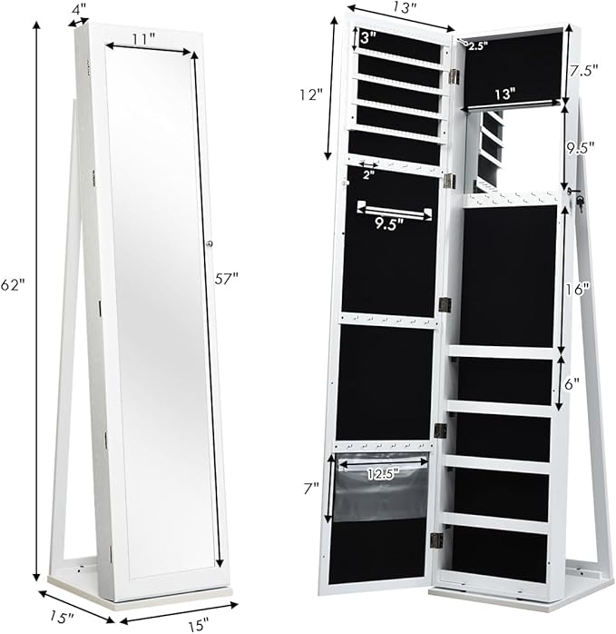 CHARMAID Standing Jewelry Armoire with Tall Full Length Mirror, 2-in-1 Lockable Jewelry Cabinet Organizer with Large Storage Capacity, Inside Makeup Mirror, Stable Base, Easy Assembly (White)