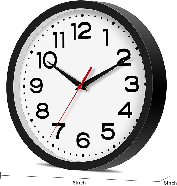 Wall Clock Silent Non-Ticking Modern Clock Battery Operated 8 Inch Small Classic Analog Decorative for Kitchen, Living Room, Office, Bedroom, Bathroom (Black)