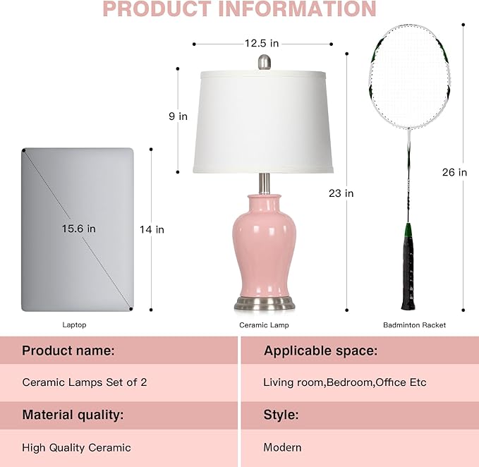 23" Pink Ceramic Table Lamps for Living Room, Modern Ceramic Lamps with Ginger Jar Design, Cute Bedside Lamp Set of 2, Elegant Bedroom Lamp for Nightstand Dining Room Side End Table Homedecor