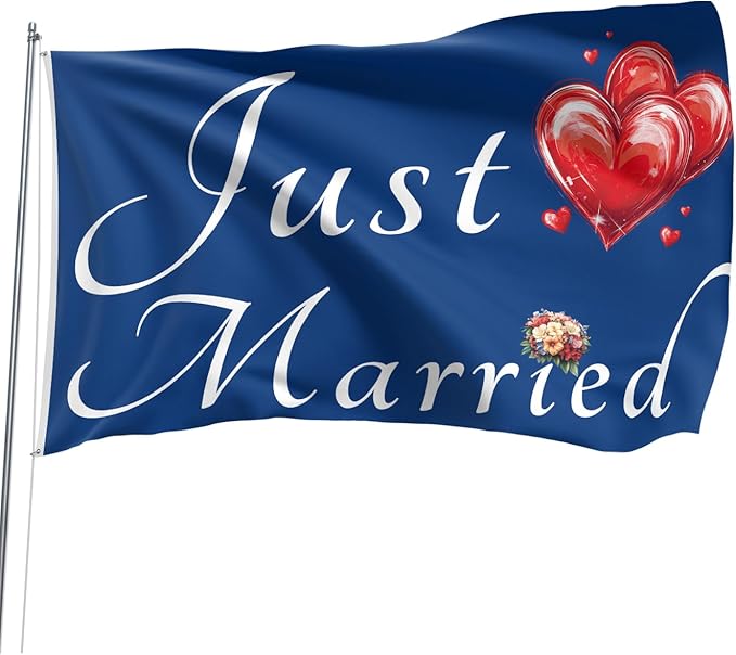 Just Married Flag Banner Outdoor Indoor Decoration Flag 3x5 FT Double Stitched Polyester with Brass Grommets (Blue)