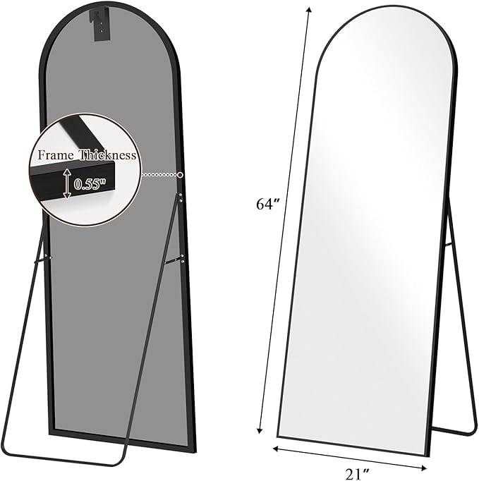 64"x21" Full Length Mirror with Stand, Shatterproof Arched Floor Mirror, Aluminum Alloy Thin Frame - Freestanding/Leaning/Wall Mount for Bedroom, Living Room & Entryway (Black)