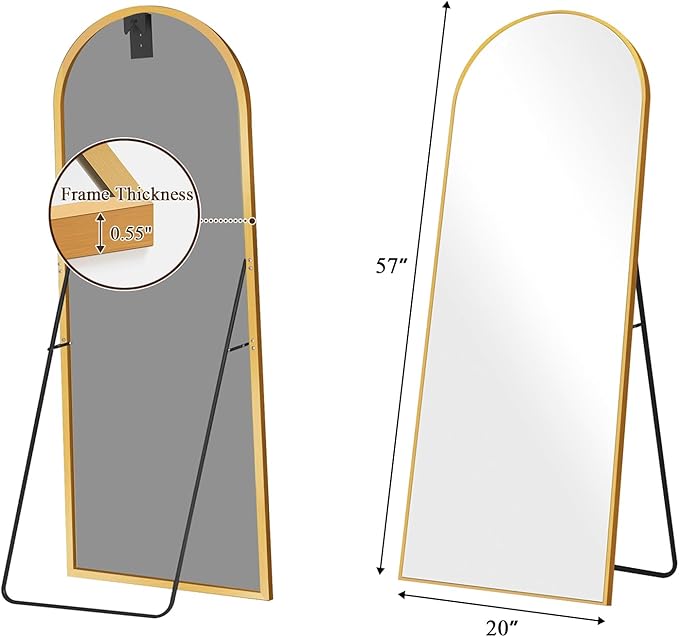 57"x20" Full Length Mirror with Stand, Shatterproof Arched Floor Mirror, Aluminum Alloy Thin Frame - Freestanding/Leaning/Wall Mount for Bedroom, Living Room & Entryway (Gold)
