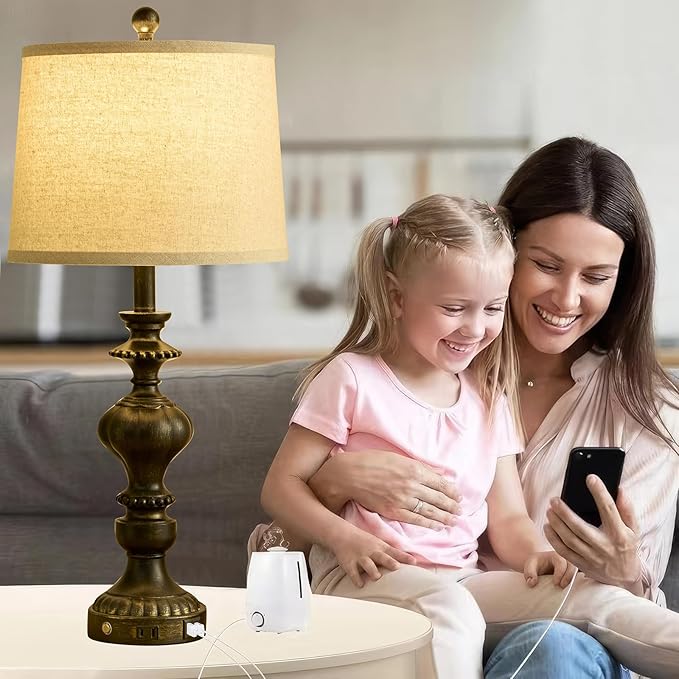 27.5" Farmhouse Table Lamps Set of 2 Bedside Lamp with USB C+A Ports & AC Outlet, 3 Way Dimmable Touch Lamps for Living Room Bedroom Office Hallway Rustic Nightstand Traditional Lamp