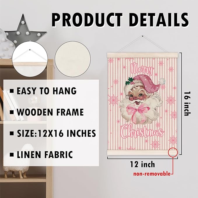 Pink Merry Christmas Santa Poster Hanger with Wood Frame, Christmas Wall Art Decor for Home Living Room, Preppy Pink Striped Xmas Santa Posters for Girly Bedroom Room Dorm Decor, 12x16 Inch