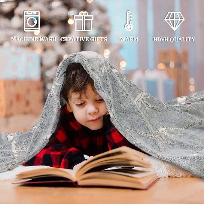 Glow in The Dark Blanket Dinosaur Throw Blanket for Boys Kids Soft Warm Cozy Cute Dino Blanket Unique Dinosaurs Toys Gifts Gray Glowing Dinosaur Room Decor Blankets for Girls Teens 50"x60"