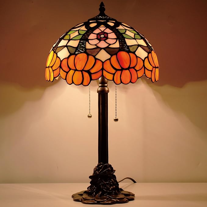 Tiffany Stained Glass Table Lamp 12X12X21Inch Resin Base Desk Bedroom Living Room Reading Light (Orange Flower)