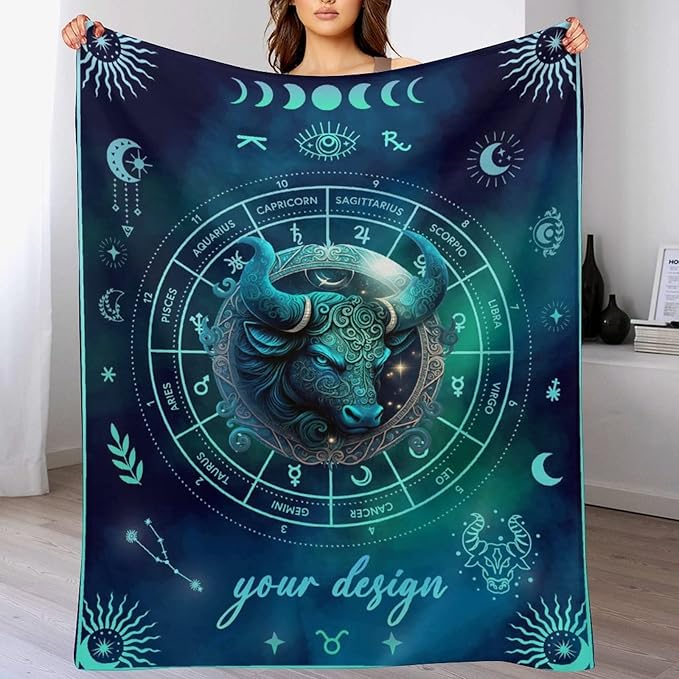 Custom Taurus Blanket Gifts, 80" x 60" Rectangular Flannel Zodiac Throw Blanket Cozy, Personalized Gift for Boys Girls Teen Women Men Tarot Cards Lovers Birthday Anniversary Festival
