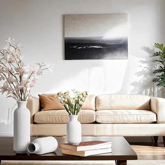 White Ceramic Vase Set of 3,Modern Vase Ribbed Design,Minimalist Decor Flower Vase for Table,Shelf,Farmhouse Vase for Decor(Vertical Ribbed Vase)