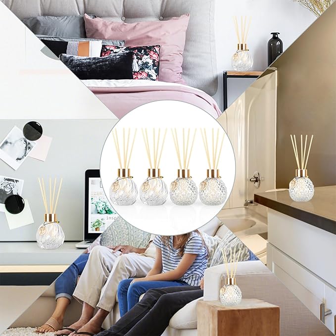 4Pcs Reed Diffuser Set with Metal Golden Decoration, Empty Reed Diffuser Bottles with 20Pcs Reed Diffuser Sticks, Unique Design Bottles for Home and Office(2 Spiky Ellipsoidal+2Twill)