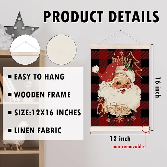 Merry Christmas Santa Poster Hanger with Wood Frame, Vintage Christmas Wall Art Decor for Home, Retro Winter Xmas Santa Red Buffalo Plaid Posters for Bedroom Living Room Decor, 12x16 Inch