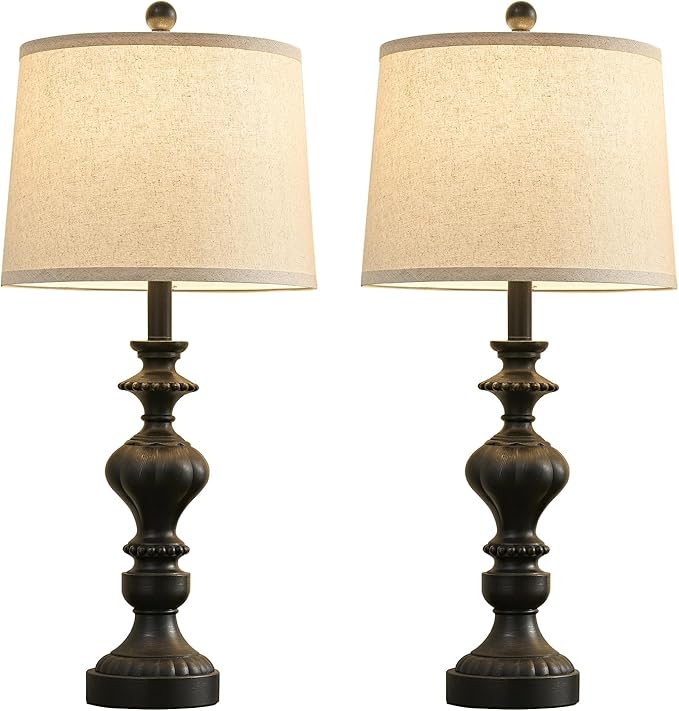 27.5" Farmhouse Table Lamps Set of 2 Bedside Nightstand Lamp with USB C+A Ports & AC Outlet, 3 Way Dimmable Touch Lamps for Bedroom Living Room Office Rustic Lamp (Rotary Switch-Black)