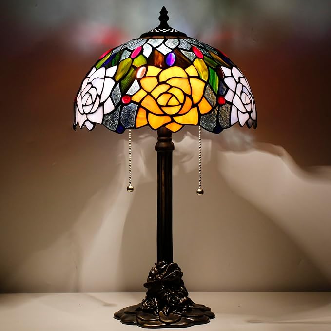 Tiffany Stained Glass Table Lamp 12X12X21Inch Resin Base Desk Bedroom Living Room Reading Light (Purple Orange Rose Flower)