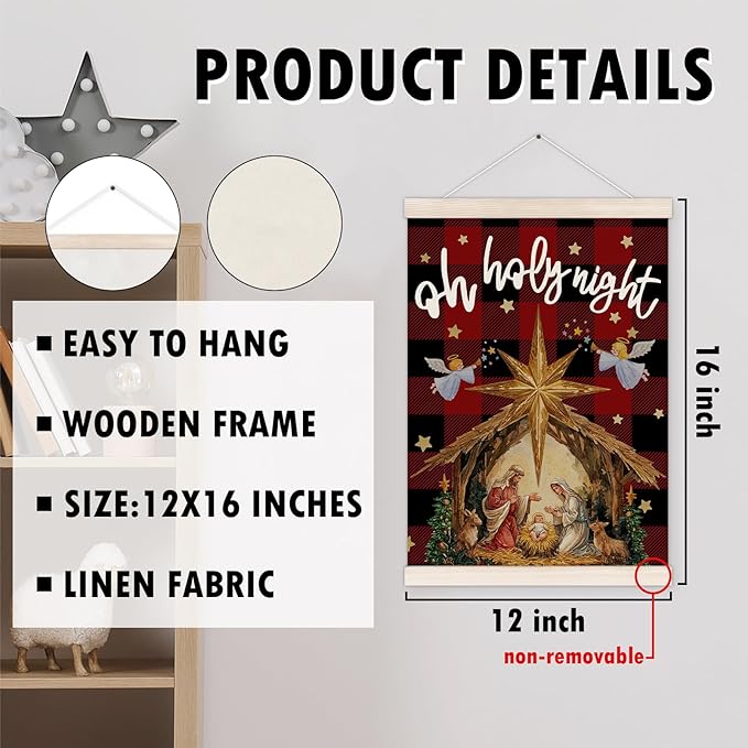 Christian Christmas Nativity Poster Hanger with Wood Frame, Christian Christmas Wall Art Decor for Home, Religious Jesus Nativity Buffalo Plaid Posters for Church Bedroom Decor, 12x16 Inch