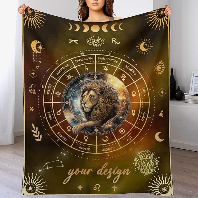 Custom Leo Blanket Gifts, 60" x 50" Rectangular Flannel Zodiac Throw Blanket Cozy, Personalized Gift for Boys Girls Teen Women Men Tarot Cards Lovers Birthday Anniversary Festival