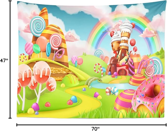 CORFOTO Candyland Wall Tapestry Sweet Cand Wall Hanging Macaron Lollipop Paradise Rainbow Tapestries for Childrens Room Decorations Kids Bedroom Dorm Decor Window Curtain 70Wx47H inches Fabric
