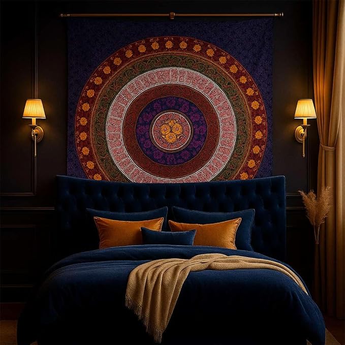 kaarigarh Handicrafts - Bohemian Mandala Tapestry Wall Hanging – Large Turquoise Ombre Indian Cotton Wall Art for Bedroom, Living Room, Dorm Decor & Meditation Space(Pink,90X108)