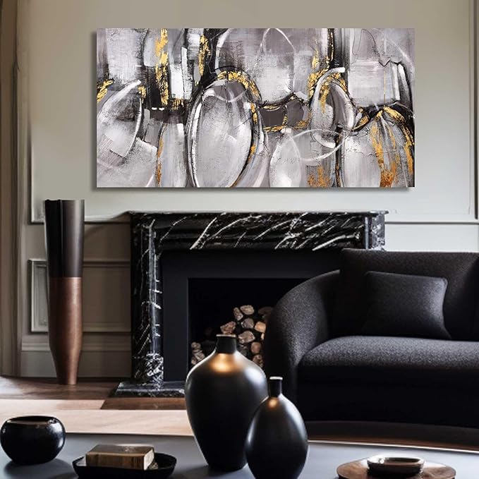 XIANSHOU Black and Grey Painting Pictures Abstract Wall Decor for Office 29"x 58" Modern Artwork Gold Foil Wall Art for Living Room Dining Room Bedroom