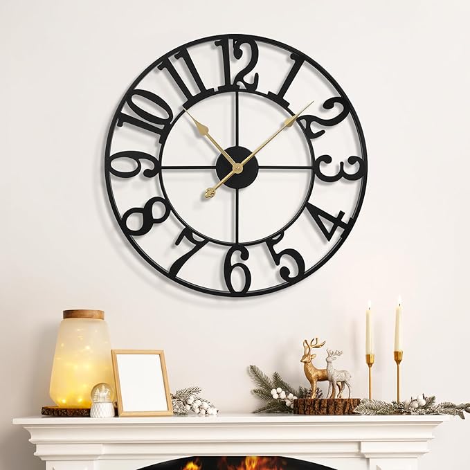 LEIKE Large Wall Clocks,Silent,Non Ticking,Battery Operated Rustic Round Modern Big Metal Wall Clock for Living Room, Bedroom,Kitchen,Farmhouse,Office,Home Decor-16 Inch(Black-Arabic Number)