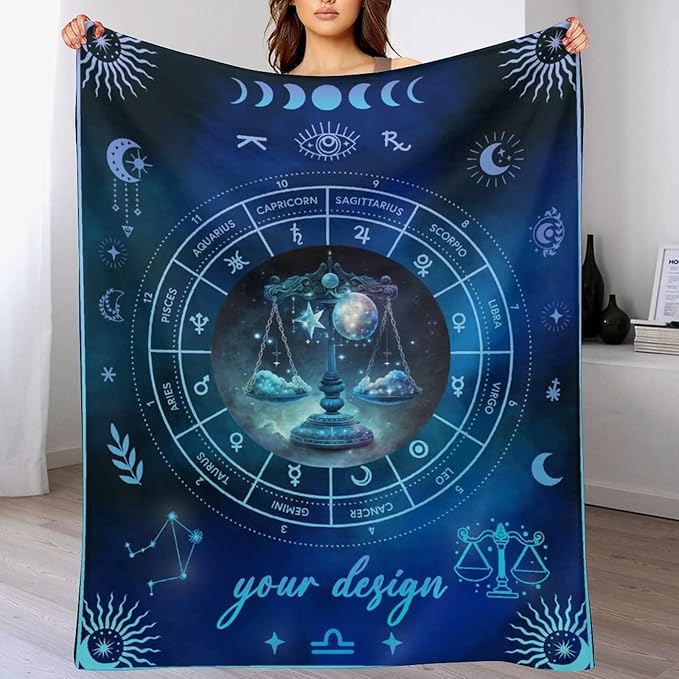 Custom Libra Blanket Gifts, 50" x 40" Rectangular Flannel Zodiac Throw Blanket Cozy, Personalized Gift for Boys Girls Teen Women Men Tarot Cards Lovers Birthday Anniversary Festival
