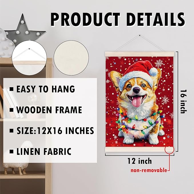 Funny Christmas Corgi Poster Hanger with Wood Frame, Christmas Dog Wall Art Decor for Home, Corgi Gifts for Women Men, Winter Xmas Dog Posters for Bedroom Living Room Decor, 12x16 Inch