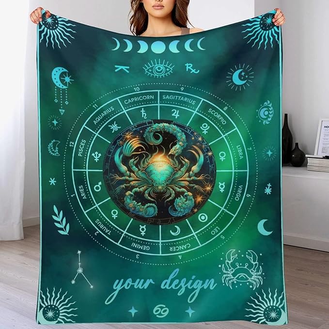 Custom Cancer Blanket Gifts, 60" x 50" Rectangular Flannel Zodiac Throw Blanket Cozy, Personalized Gift for Boys Girls Teen Women Men Tarot Cards Lovers Birthday Anniversary Festival