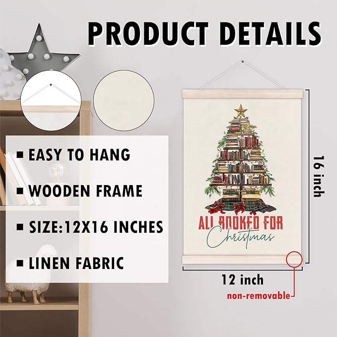 Vintage Christmas Reading Poster Hanger with Wood Frame, All Booked for Christmas Wall Art Decor for Home, Xmas Book Tree Posters for Reading Room Home Library Decor, 12x16 Inch