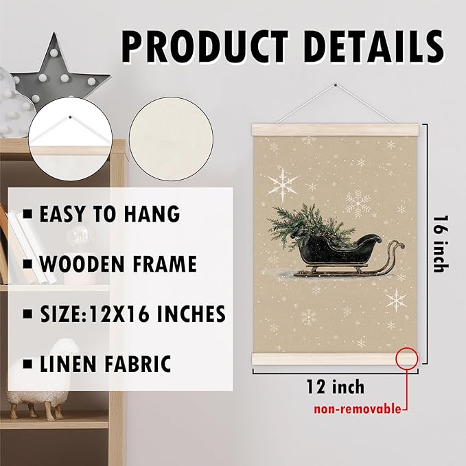 Vintage Christmas Sleigh Poster Hanger with Wood Frame, Neutral Winter Christmas Sleigh Wall Art Decor for Home, Retro Xmas Posters for Bedroom Living Room Decor, 12x16 Inch
