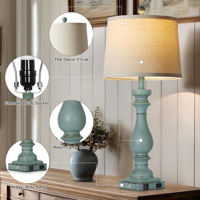 29" Tall Coastal Table Lamps Set of 2,Retro Blue Bedside Lamps with USB C+A Ports & AC Outlet,3-Way Dimmable Touch Lamp for Night Stands Living Room Bedroom,Blue