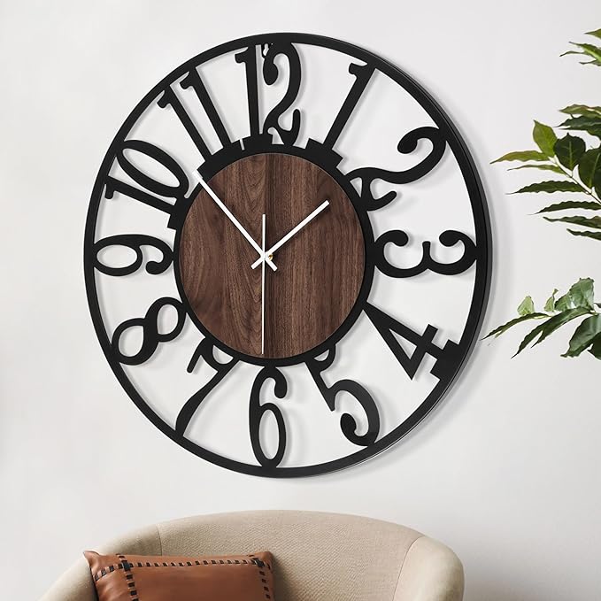 LEIKE Large Wall Clocks,Silent,Non Ticking,Battery Operated Big Retro Round Modern Wood Wall Clock for Living Room, Bedroom,Dinning Room,Farmhouse,Office,Home Decor-20 Inch(Black-Arabic Number)