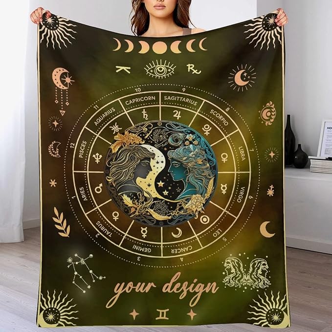 Custom Gemini Blanket Gifts, 40" x 30" Rectangular Flannel Zodiac Throw Blanket Cozy, Personalized Gift for Boys Girls Teen Women Men Tarot Cards Lovers Birthday Anniversary Festival