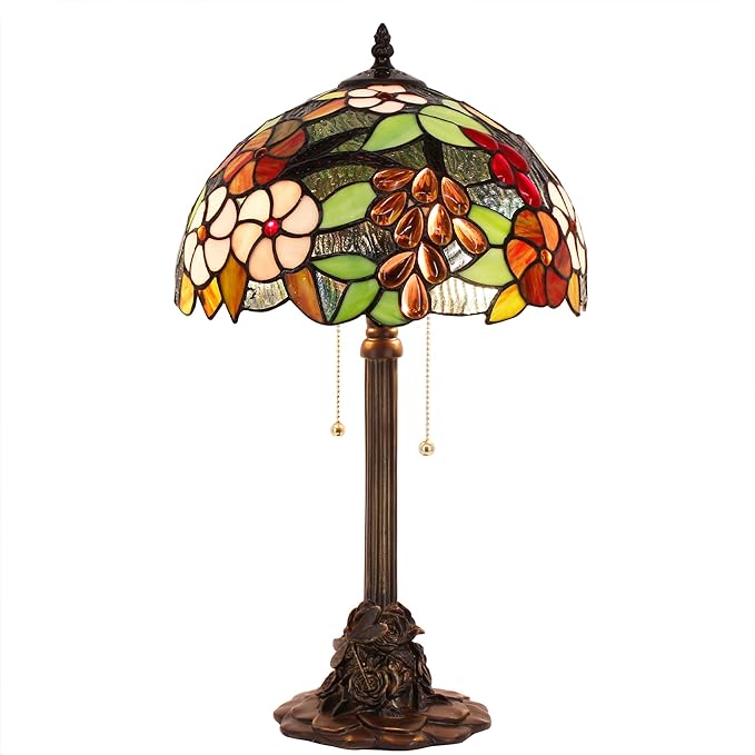 Tiffany Stained Glass Table Lamp 12X12X21Inch Resin Base Desk Bedroom Living Room Reading Light(Purple Grape Style)