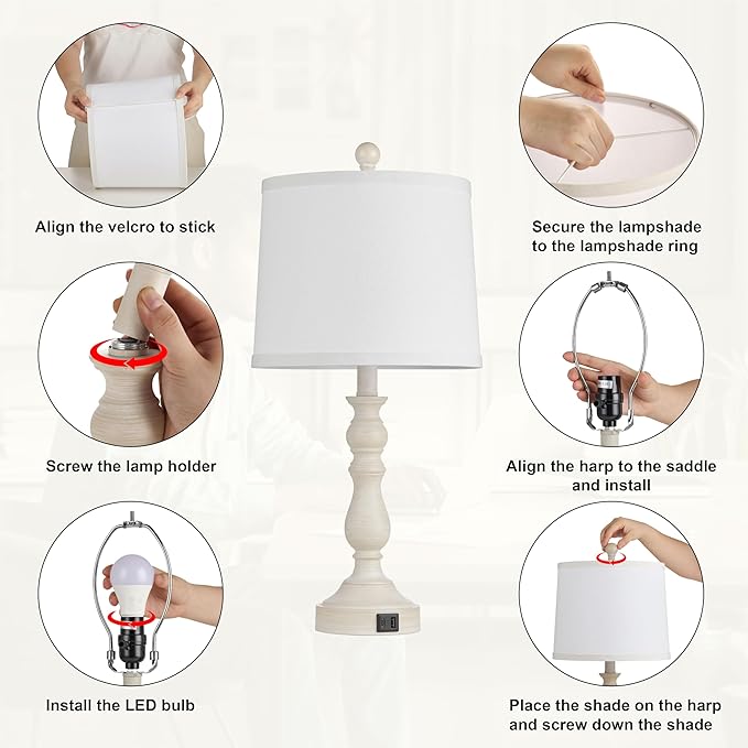 23'' Farmhouse Table Lamps for Living Room Set of 2 with USB C+A Ports, Retro Bedside Lamp for Bedroom, Office, Dining Room, Knob Switch, 3 Color Temperatures, Bulb Included, Beige