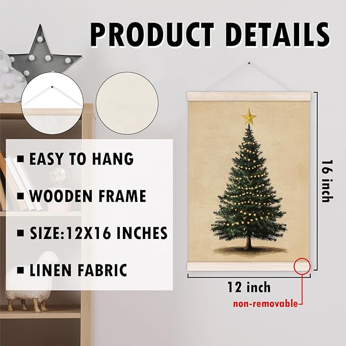 Vintage Christmas Tree Poster Hanger with Wood Frame, Rustic Christmas Wall Art Decor for Home, Retro Farmhouse Neutral Winter Xmas Tree Posters for Bedroom Living Room Decor, 12x16 Inch