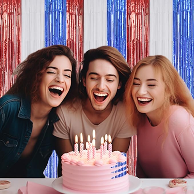 3 Pack Foil Fringe Backdrop - Red&White&Blue Shiny Tinsel Curtains for Party Decoration/Photo Booth Props - 3.3x8.2 FT Metallic Foil Backdrop for Birthday, Wedding, Graduation, Christmas.