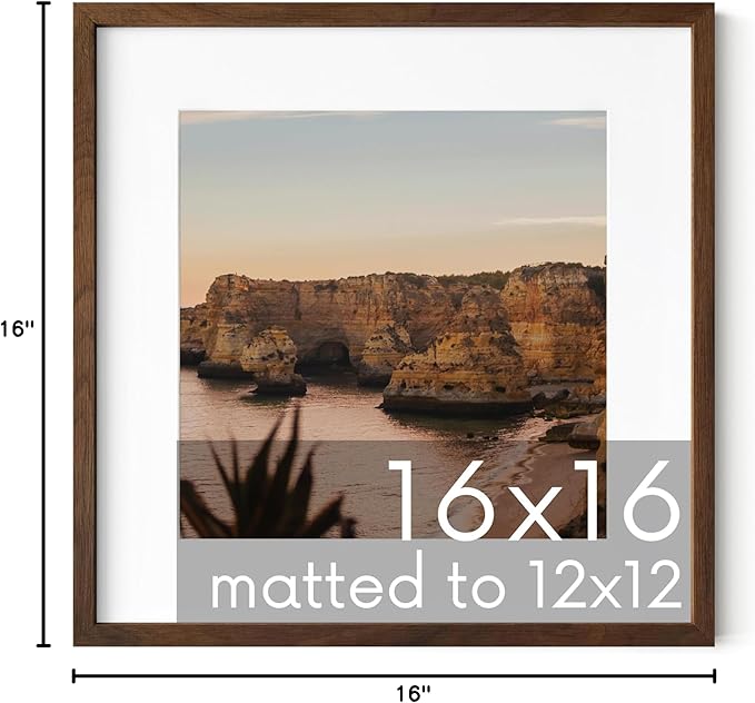 HAUS AND HUES Walnut Oak Wood 16x16 Picture Frame Matted to 12x12 - Square Frame with Plexiglass, Elegant Frame for Posters (16x16 in, Walnut, Set of 1)