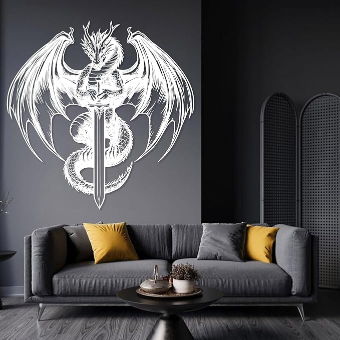 Metal Dragon Wall Decor, Dragon With Sword Metal Wall Art, West Dragon Metal Wall Hanging, Unique Wall Decor, Mythology Wall Art, Modern Room Wall Art, Home Wall Decor (Silver, 32"x32"|80x80cm)