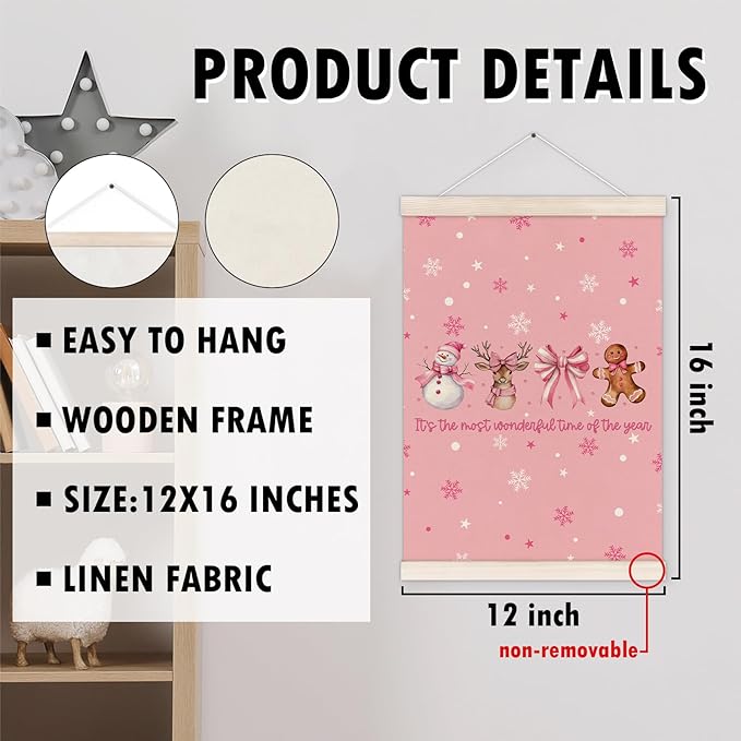 Pink Christmas Poster Hanger with Wood Frame, Preppy Christmas Wall Art Decor for Home, Coquette Pink Bow Snowman Deer Gingerbread Posters for Girly Bedroom Room Dorm Decor, 12x16 Inch