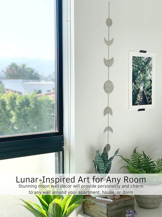 BASE ROOTS Moon Phase Wall Decor, Silver Wall Art for Bedroom, Bohemian and Astrology, Witchy Aesthetic 34" 7 Phases Metal Moon Wall Banner, Celestial Decoration, Gift for Women & Kids