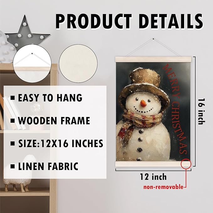 Merry Christmas Snowman Poster Hanger with Wood Frame, Vintage Winter Christmas Snowman Wall Art Decor for Home, Rustic Winter Xmas Holiday Posters for Bedroom Living Room Decor, 12x16 Inch