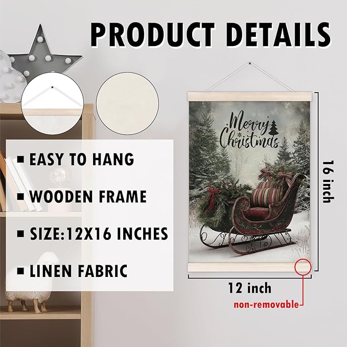 Vintage Christmas Sleigh Poster Hanger with Wood Frame, Merry Christmas Wall Art Decor for Home, Rustic Farmhouse Winter Xmas Sleigh Posters for Bedroom Living Room Decor, 12x16 Inch