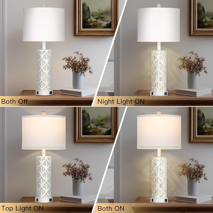 Set of 2 Rustic Table Lamps for Living Room Bedroom, Vintage Farmhouse Nightstand Lamp with 2 USB Ports, Hollow Out Metel Lamp for End Table with Nightlight (White)