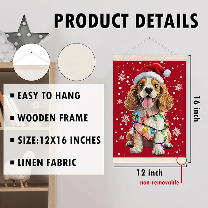 Funny Christmas Cocker Spaniel Poster Hanger with Wood Frame, Christmas Dog Wall Art Decor for Home, Cocker Spaniel Gifts for Women, Xmas Dog Posters for Bedroom Living Room Decor, 12x16 Inch
